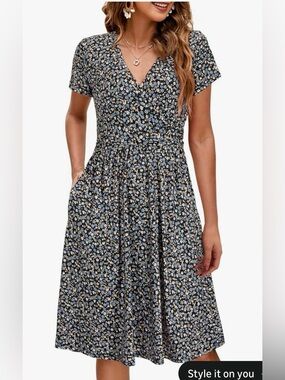 Amazon Black Floral V‑Neck Short Sleeve Midi Dress